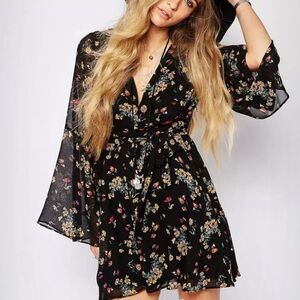 NWOT Free People Lilou Bell Sleeves Mini Dress in Black w Multi-color Floral, XS